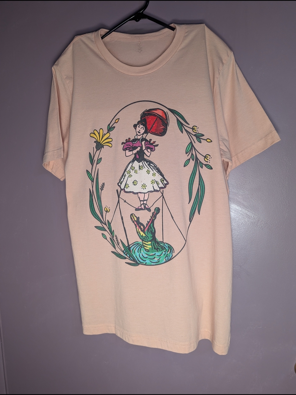 Graphic Peach Tee with Vintage Girl & Alligator Print Women's L/XL